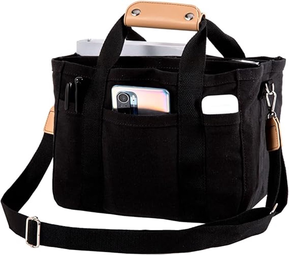 Tote Bag Met Meerdere Vakken - Canvas Tas - Canvas draagtas - Grote Inhoud/Meerdere Vakken - 1 Stuk - Dagelijks Gebruik/Vrouwen Zwart