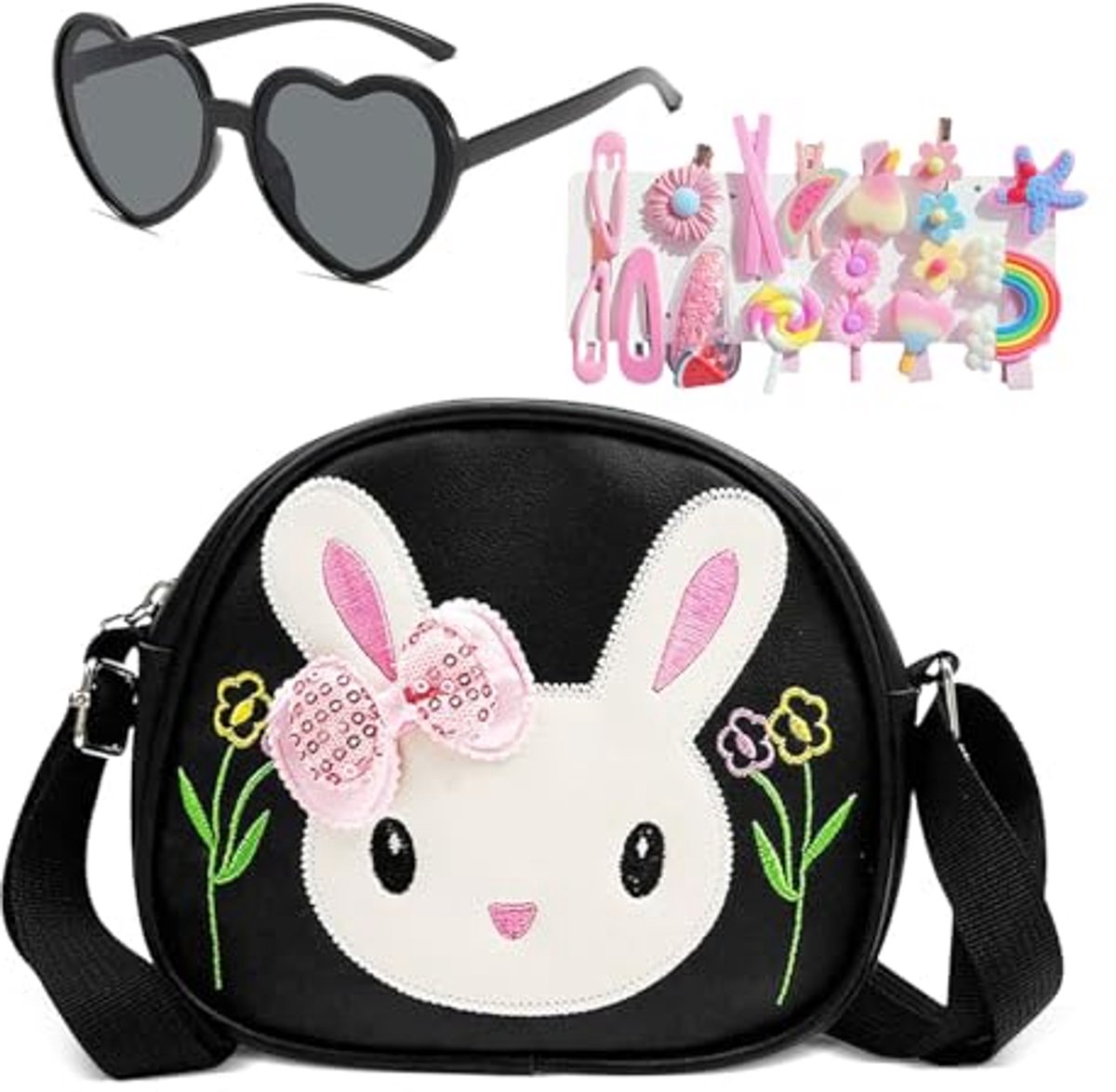 Ultiluxe® Meisjes Handtas - Konijnen Tas - Kinder Handtas - 17 x 15 x 5 cm - Met Bril En Haarclips - Verstelbare Schouderband - Zwart/Roze