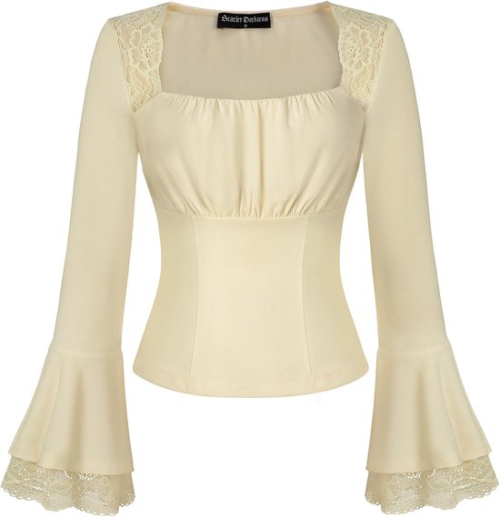 Blouse couleur crème à encolure carrée, corsage drapé et manches longues évasées avec bordure en dentelle.