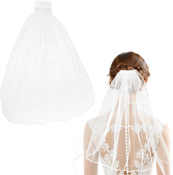Elegante Korte Bruidssluier met Parelversiering en Strik - Wit Fotomodel