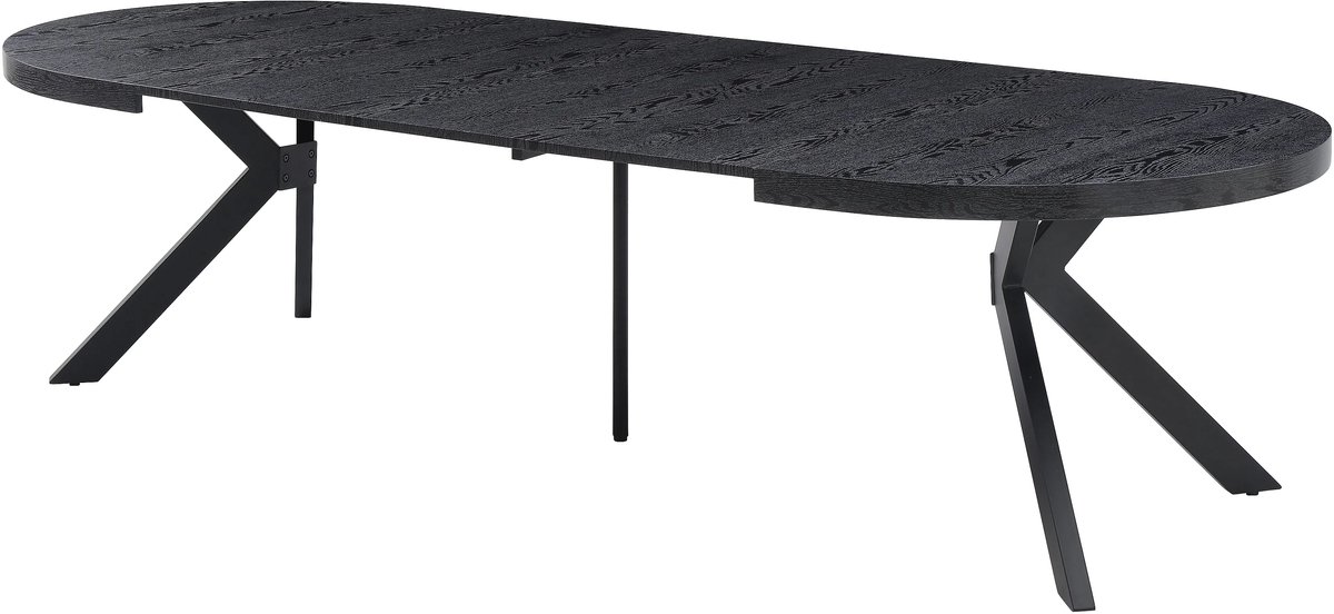 Uitschuifbare Eettafel Rond 150-300 x 120 x 76 cm met 3 Verlengstukken – Grote Design Eettafel voor 6-12 Personen – MDF Tafelblad met Stalen Poten – Zwart – Abkantoor