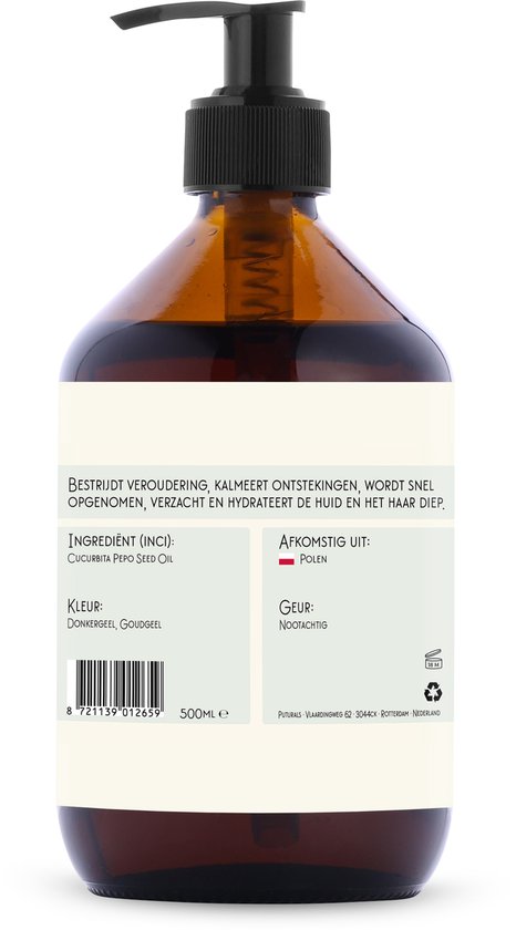 Bruine glazen fles met pompje, etiket met "Pompoenpitolie", "Goudgeel" en "Nootachtig".