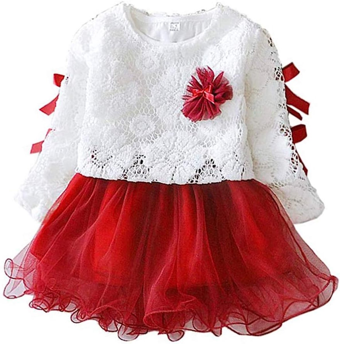 Prinsessenjurk Baby Meisje Rood Kant Lange Mouw met Strik | Lente & Herfst Feestelijke Kleding