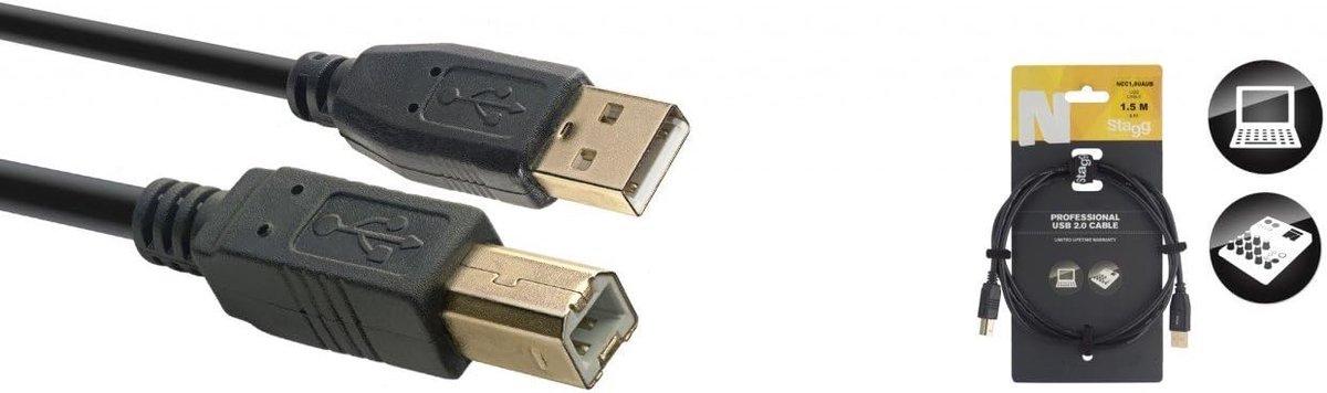 USB 2.0 Kabel A-Male naar B-Male 1.5 Meter Zwart - Verguld
