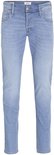 Voorkant van een lichte wassing denim jeans met knoopsluiting en zakken.