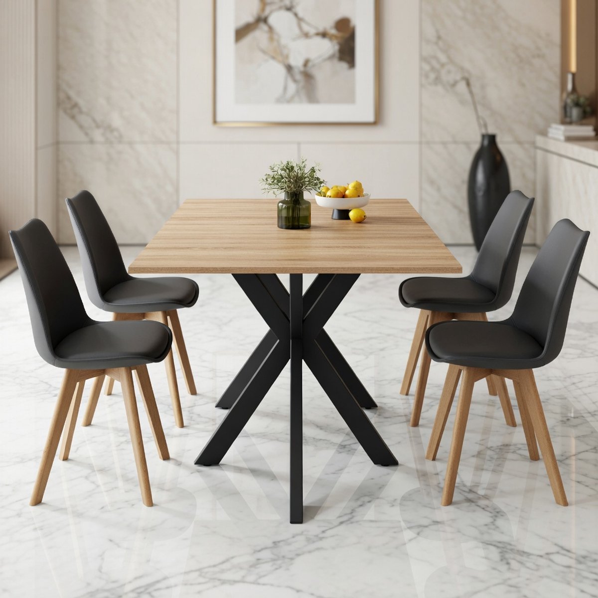 Industriële eettafel 160x90 cm met spinnenpoot - Massief Houten Look & Zwart Metaal - 8 personen - Rechthoekige tafel voor eetkamer & kookruimte | Casa Serena