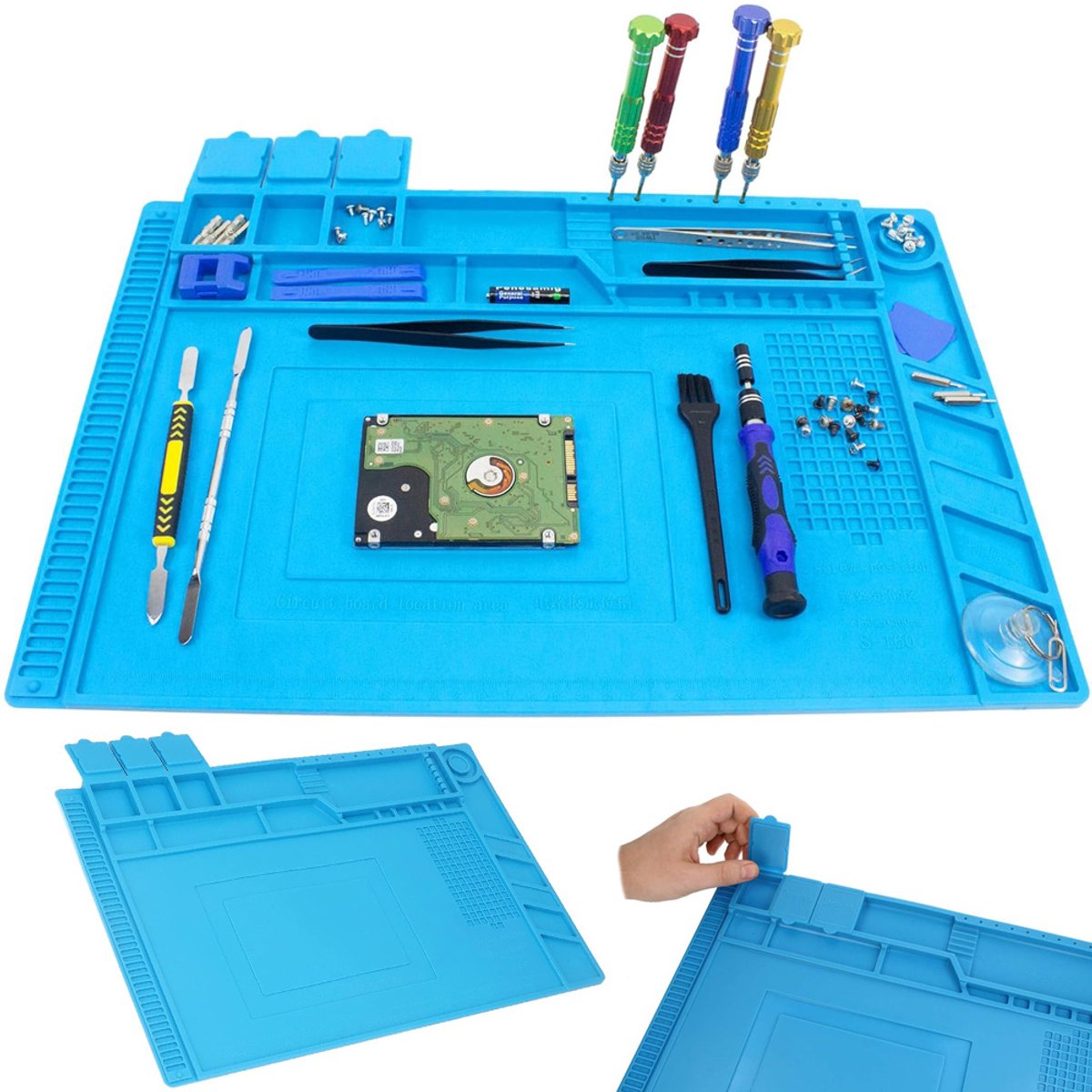 Soldeermat | 45 x 30 cm | Siliconen Service mat | met Magnetische bakjes | antistatische ESD werkmat | Hittebestendig tot 500 °C | Voor elektronica-reparaties en soldeerprojecten.