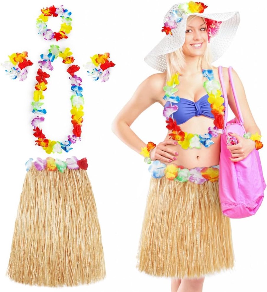 Compleet Hawaiiaans Set: Grasrok, Slingers en Bloemaccessoires voor Themafeesten