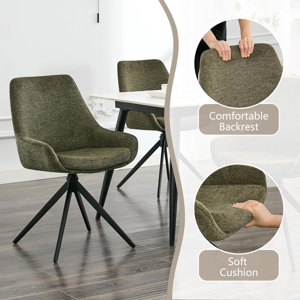 Eetkamerstoelen Set van 2 Draaibaar 44 x 52 x 86 cm Ergonomische Moderne Keukenstoelen Armloos Design Groen – Comfortabele Stoffen Stoelen voor Eetkamer, Woonkamer & Werkkamer – Abkantoor