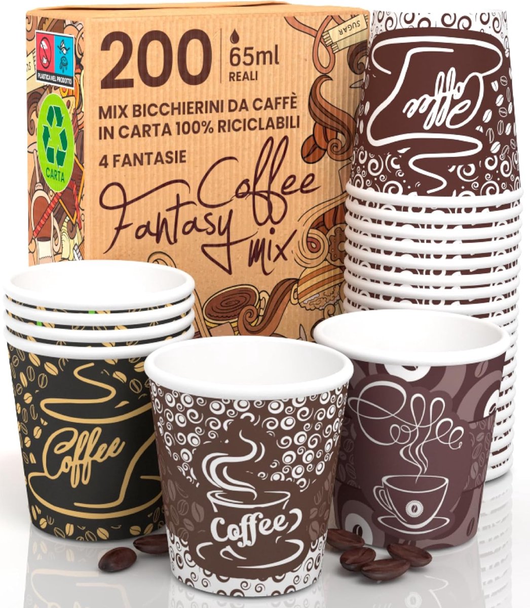 Papieren Koffiebekers - Kleine Wegwerp Bekers - Snelle Drankjes - Luxe Kartonnen Uiterlijk - 65 ml - Coffee Fantasy