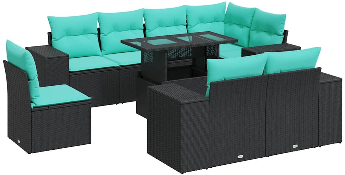vidaXL 9-delige - Loungeset - met - kussens - poly - rattan - acacia - zwart