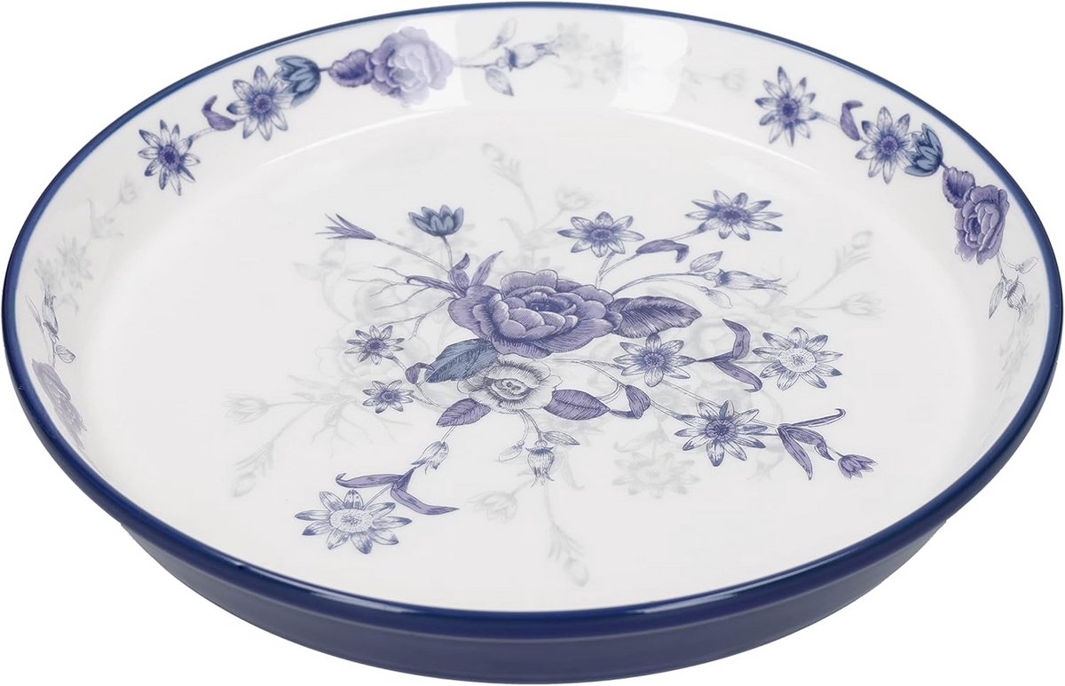 Keramisch Taartbord Bloemdessin Blauw en Ivoorkleurig 20 cm
