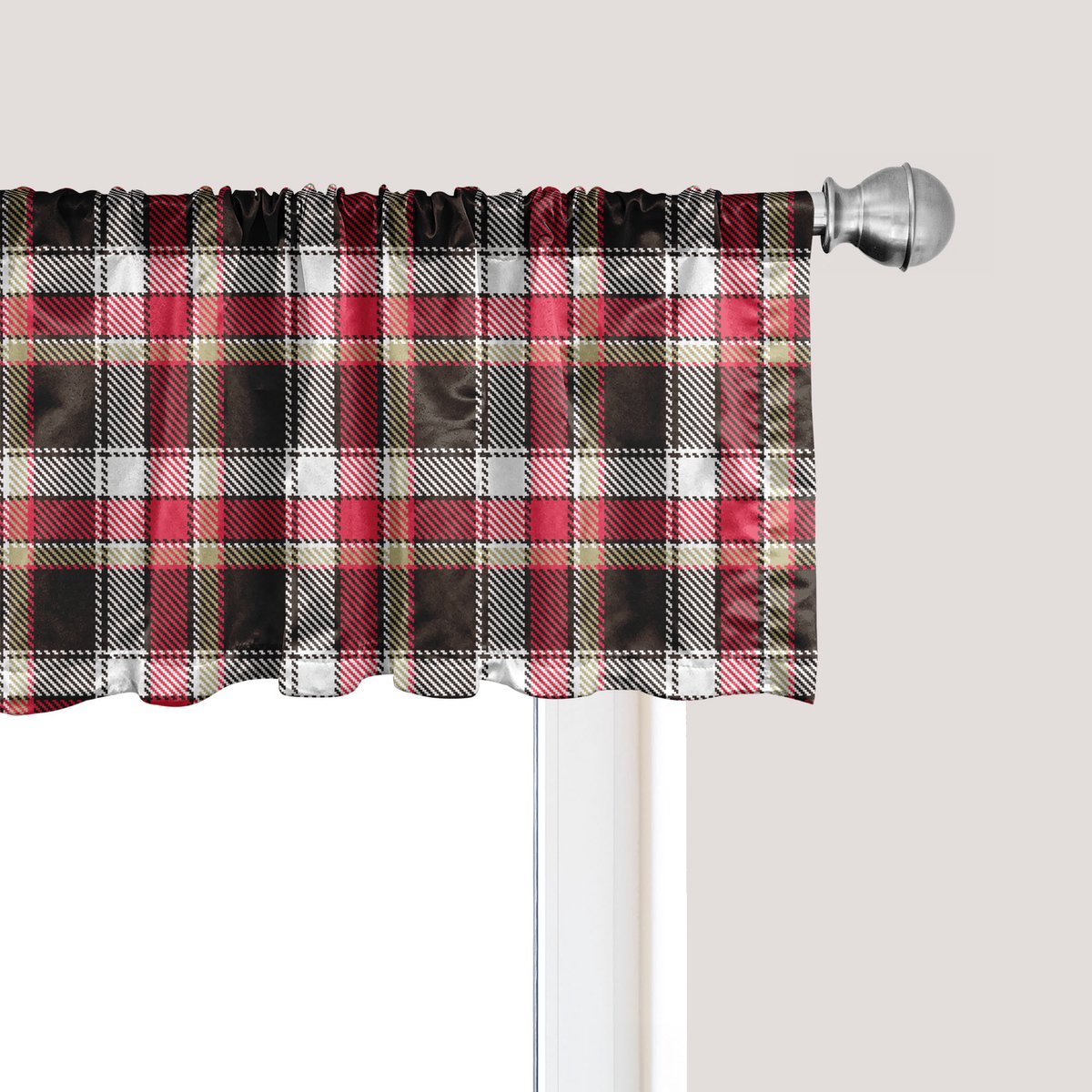 ABAKUHAUS Geruite raamvalance, gordijnvalance voor keuken en slaapkamer met tunnelzoom, 137 cm x 30 cm, donker koraalwitbruin
