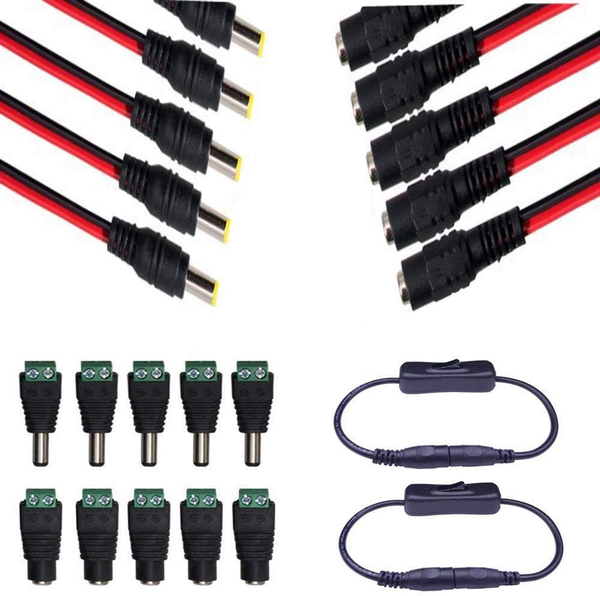 5 Paar DC Power Pigtail Kabel 22AWG 5,5 x 2,1 mm Male/Female Connectoren