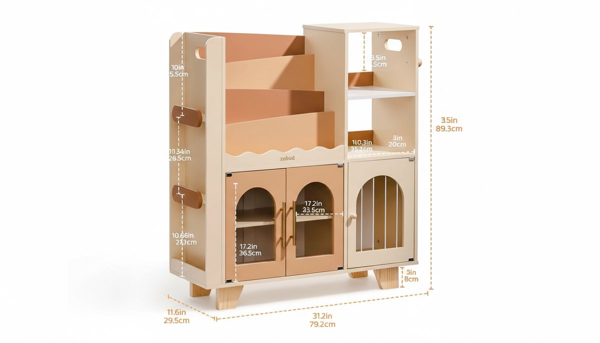boekenkast -Kinder boekenkast van Hout – Casa Velluto Karamel Kids Organizer | 10 Meerdere Planken met Speelgoedopslag – Duurzaam Houten Kinderrek voor Kinderkamer – Grote Kinderboeken, Speelgoed en Decoratie – Vloermontage – Karamel Kleur