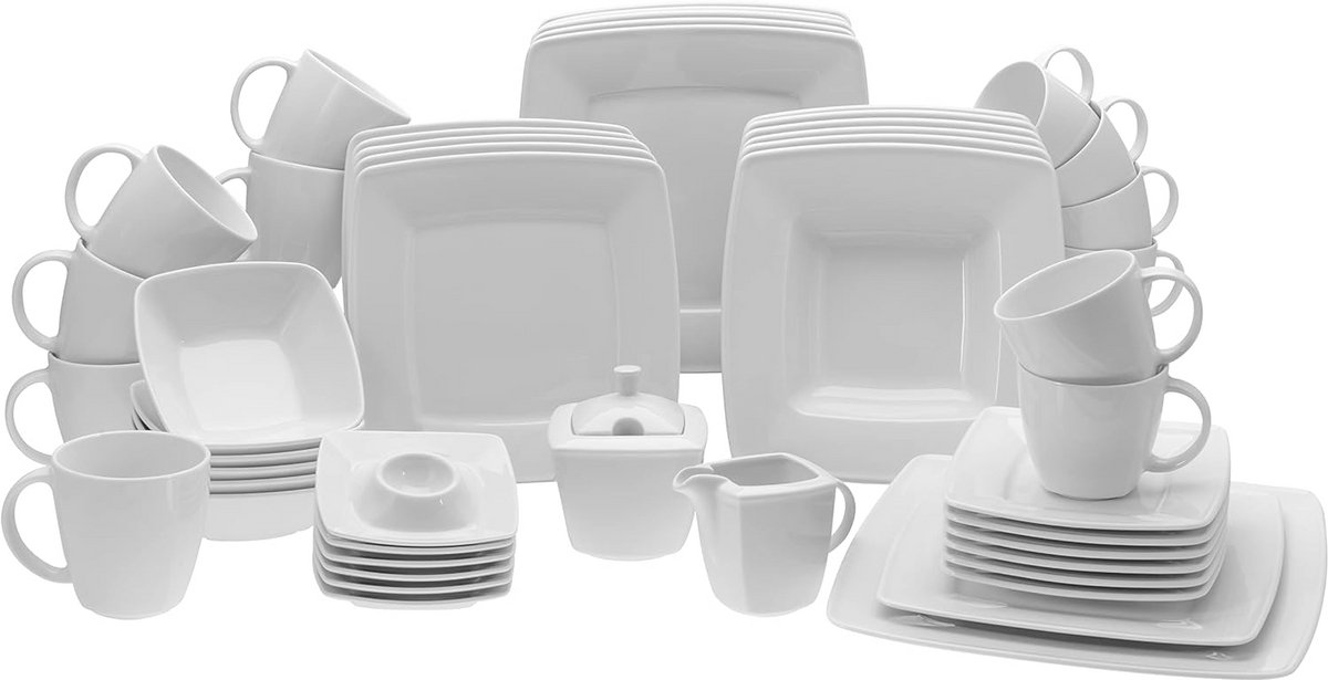 50-Delige Witte Porseleinen Combiservies Set met Klassiek Vierkant Design