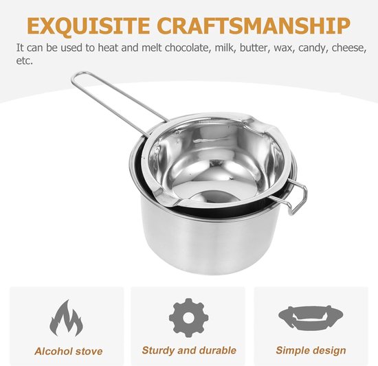 Roestvrijstalen dubbelwandige smeltkroes voor chocolade, boter, wax en kaas. Met "EXQUISITE CRAFTSMANSHIP" tekst.