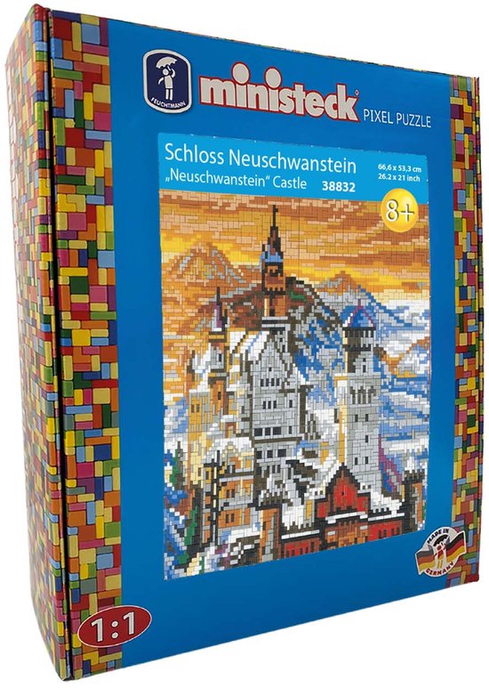 Doos van de Ministeck Pixel Puzzle van Schloss Neuschwanstein, een winterse kasteeluitbeelding met veel details.