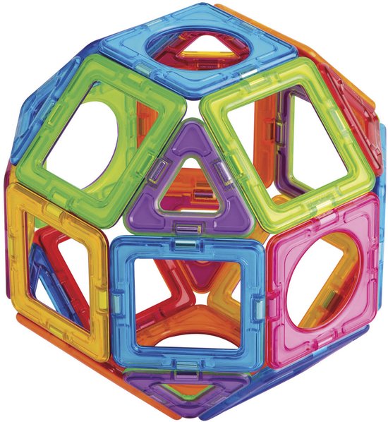 Een bolvormige constructie gemaakt van veelkleurige magnetische vierkanten en driehoeken.