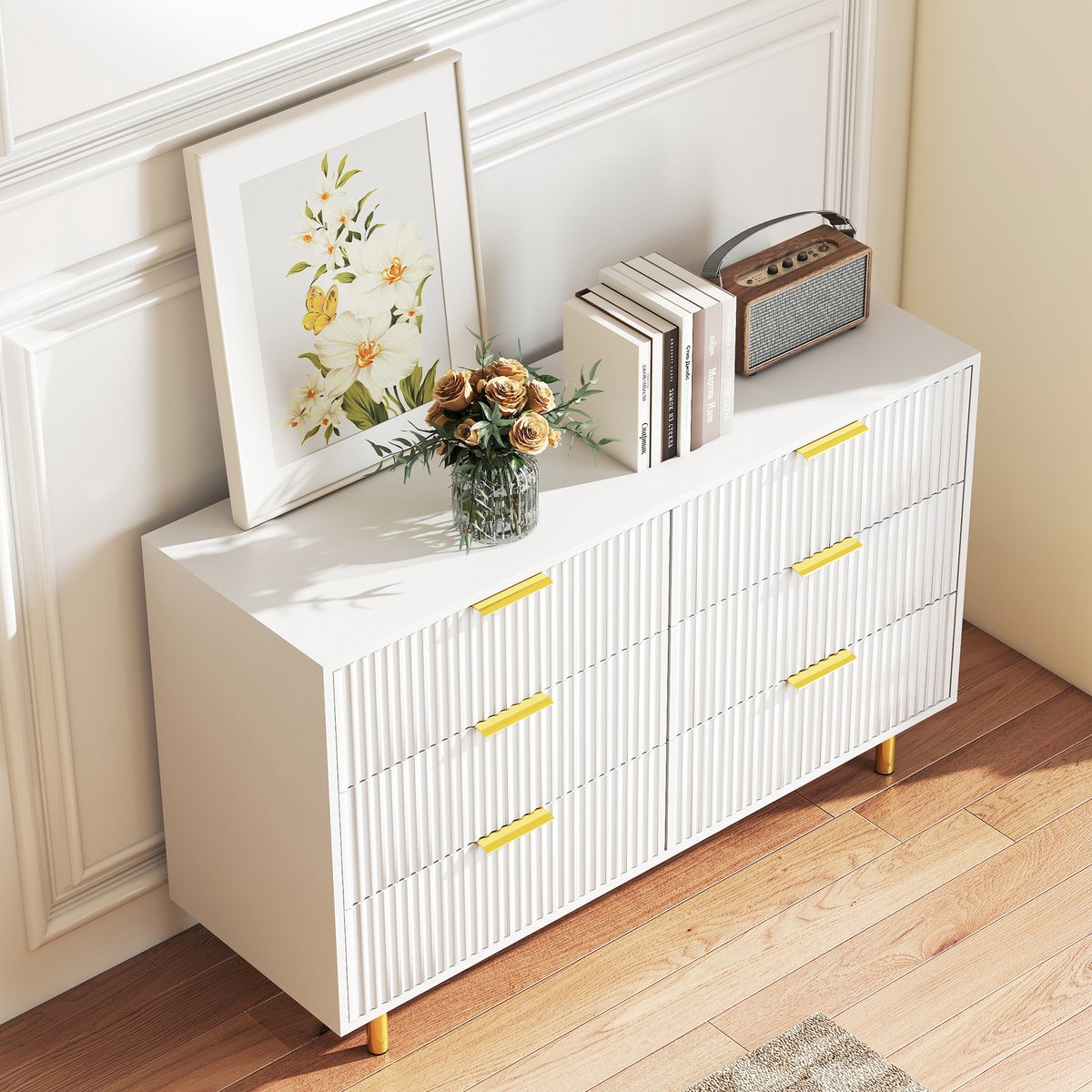 HAUSS SPOLE Dressoir Met 6 Lades - Veel Opbergruimte Voor Slaapkamer En Hal - MDF Wit Met Goudkleurige Grepen - 120x40x72 Cm
