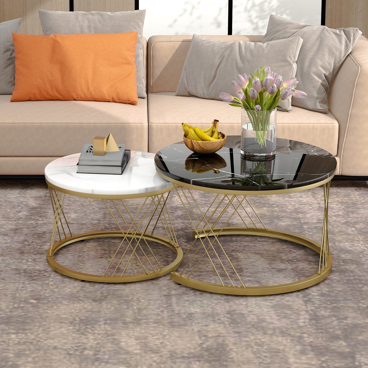 STILVORA Salontafel Set Van 2 - Nestbaar Rond Design Met Marmerlook - Voor Woonkamer En Balkon - MDF;Metaal - 70x70x45 En 45x45x40 Cm Zwart
