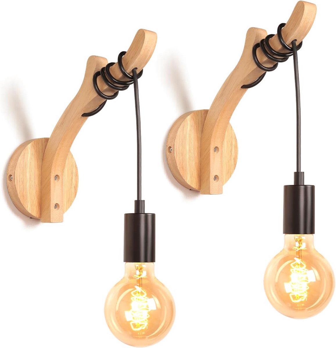 Set van 2 Industriële Wandlampen met Houten Kap, Verstelbaar Licht voor Binnen