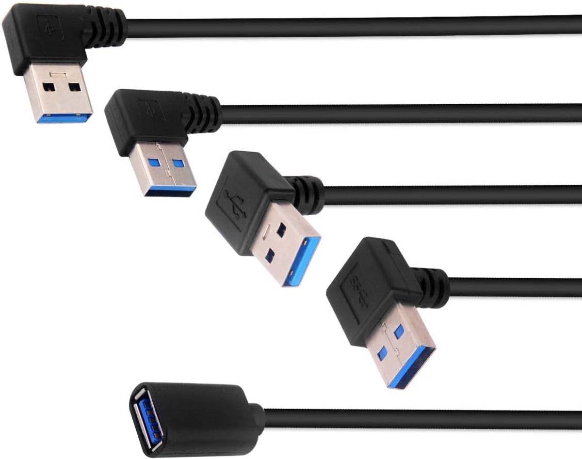 Set van 4 USB 3.0 Verlengkabels met 90 Graden Hoekpluggen (30 cm)