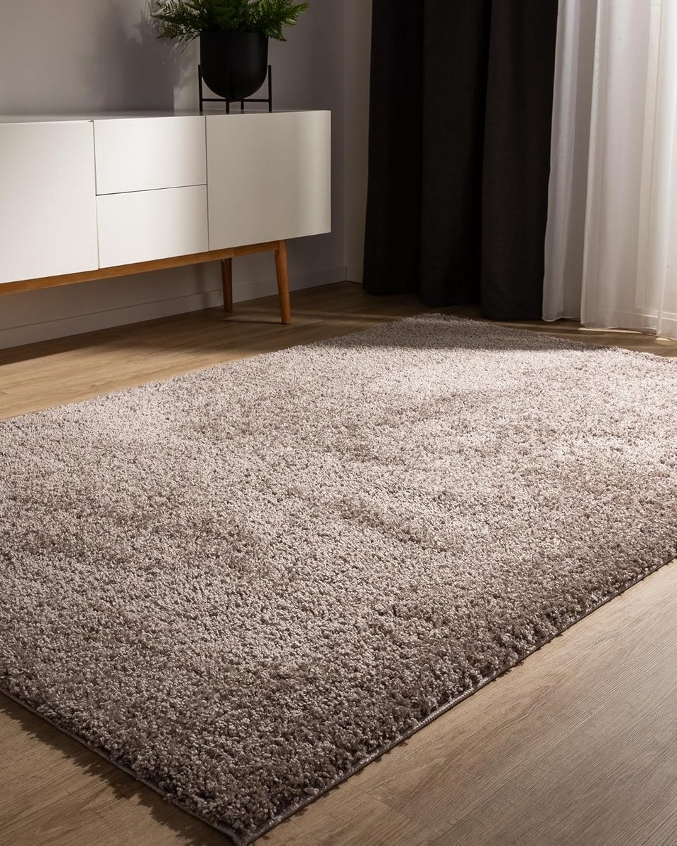Minimalistisch Hoogpolig Vloerkleed Woonkamer Slaapkamer Taupe - Wasbaar en Geschikt voor 