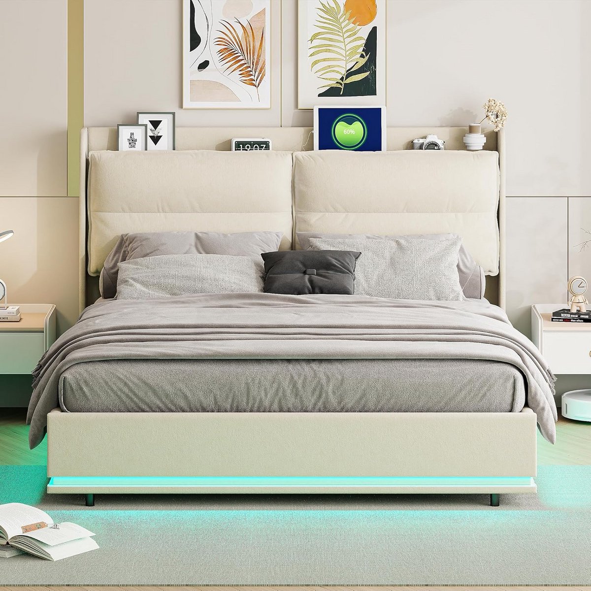 Tweepersoonsbed met opbergruimte, LED-verlichting en draadloos opladen 160x200 cm