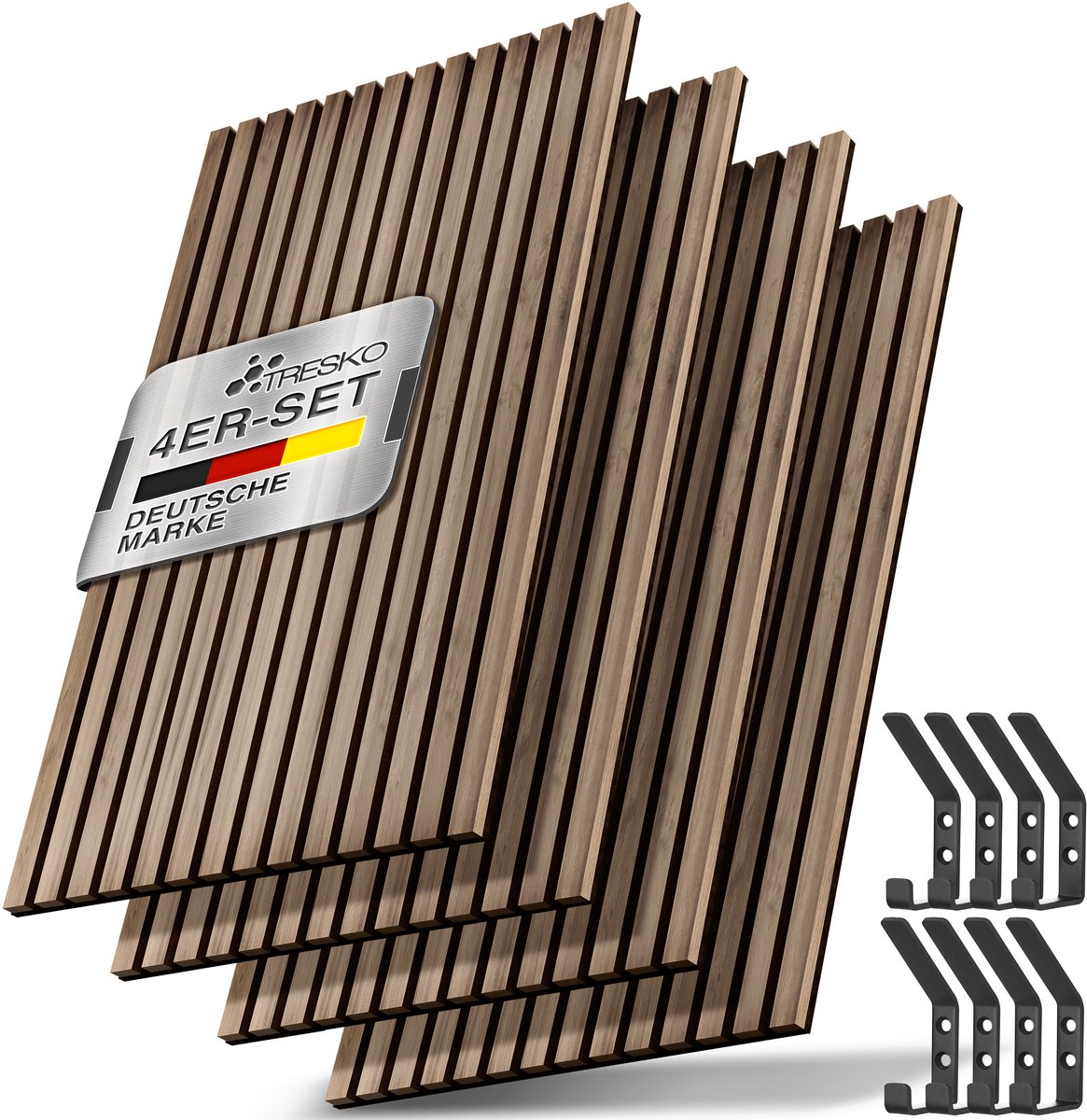 TRESKO 4 stuks akoestische panelen van hout, 120 x 60 x 2,1 cm, incl. 8 x kledinghaken, wandbekleding voor binnen als 3D-lamellenwand, houten panelen voor geluidsisolatie, akoestische wandpanelen met