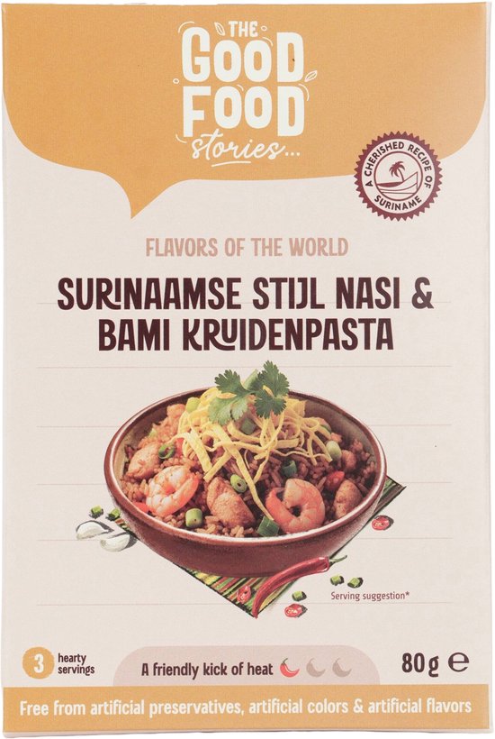 Verpakking van Surinaamse stijl nasi & bami kruidenpasta met afbeelding van het gerecht.