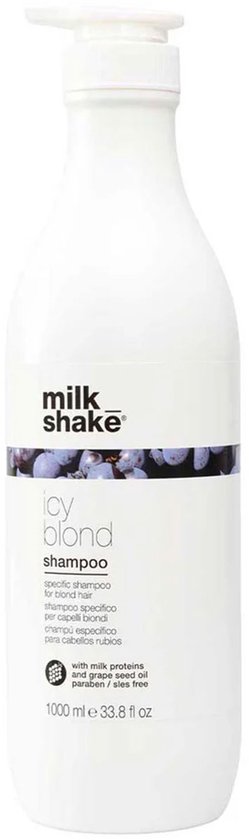 Witte fles Milk Shake Icy Blond shampoo met paarse druivenafbeelding, 1000 ml.