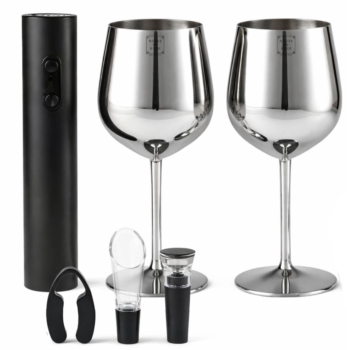 House of Husk RVS Wijnglazen Set met Accesoires - Auto Kurkentrekker - Wijnstopper - Wijnbeluchter - Foliesnijder - Giftbox - Zilver