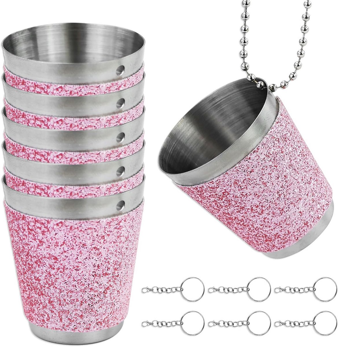 Set van 6 Roze Metalen Borrelbekers van Roestvrij Staal met Ophangketting