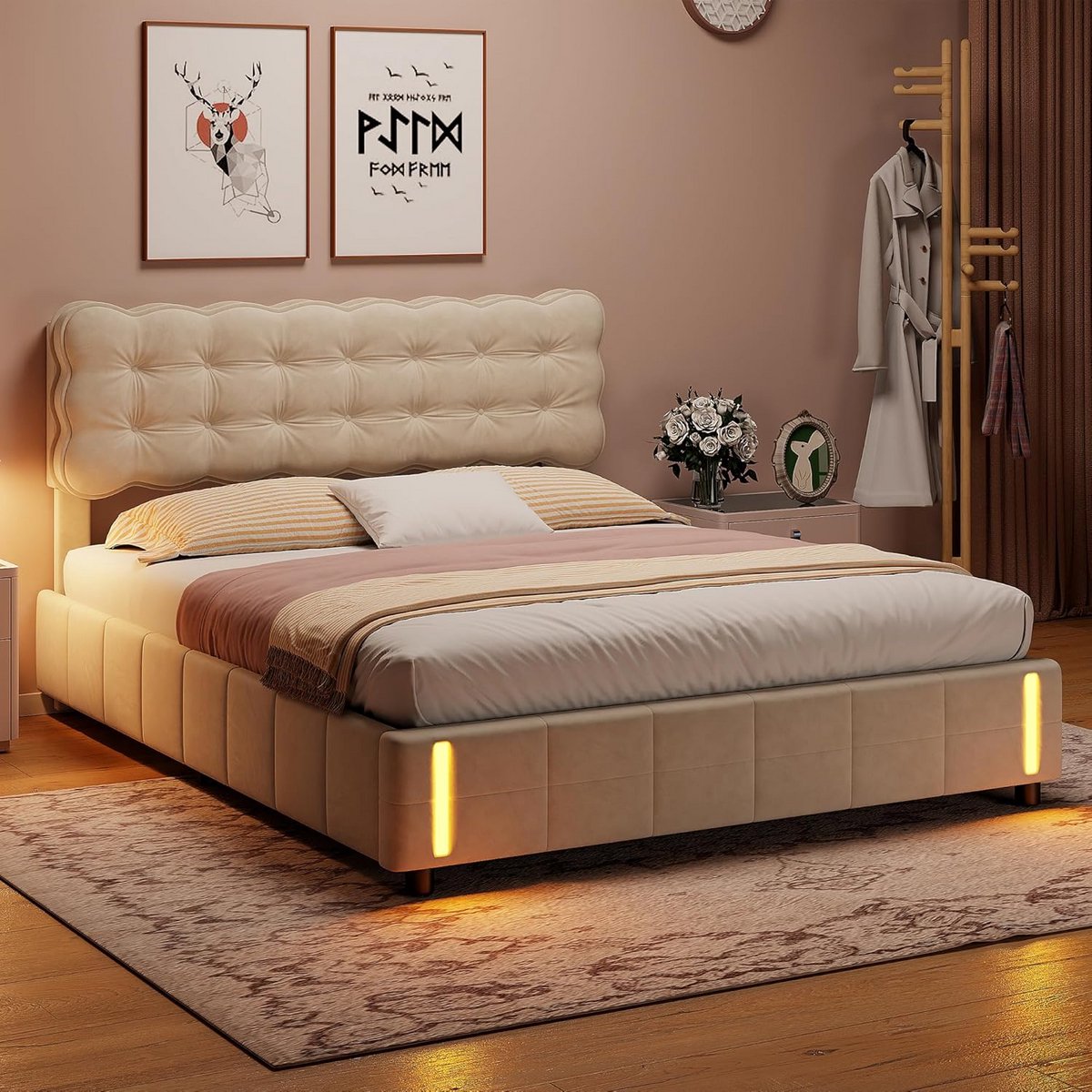 Tweepersoonsbed 160x200cm met LED Verlichting en Opbergruimte - Beige Fluweel