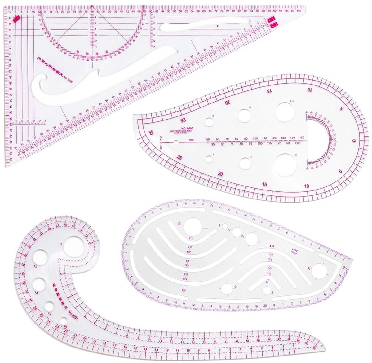 Set van 4 Naailinialalen: Franse Curve en Patroontools voor Kledingontwerp
