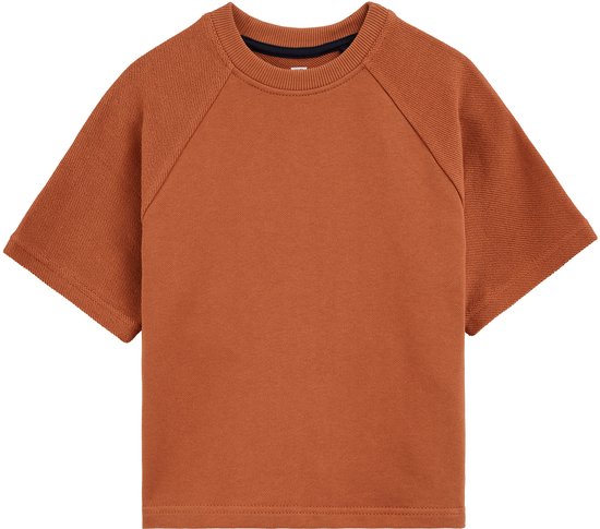 Bruine sweater met korte raglanmouwen en een ronde hals.