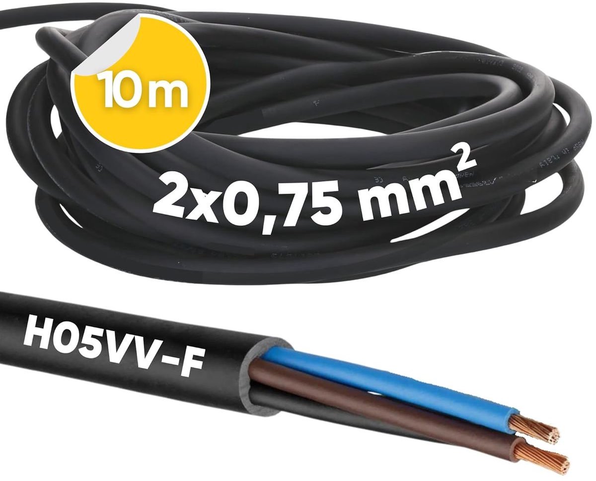 10 meter Kalitec H05VV-F flexibele kabel 2x0,75 mm² | Stroomkabel zonder beschermingsgeleider | PVC-kabel voor binnengebruik | Zwarte elektrische kabel | Flexibele lampkabel | 2-aderige apparaatkabel