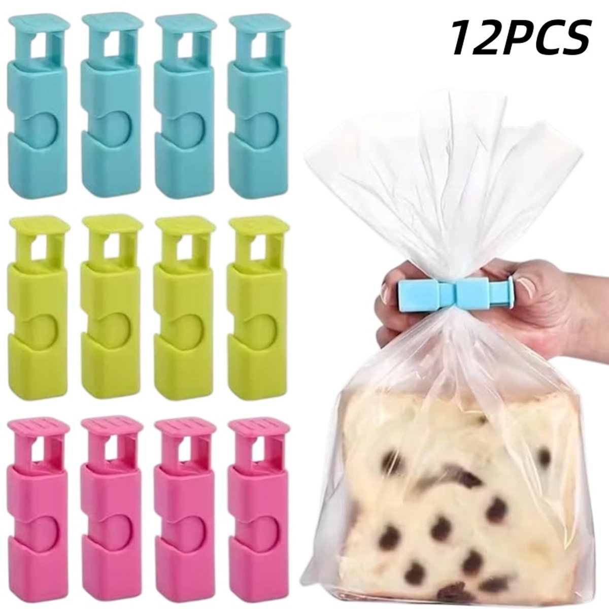 12 stuks-Sluitclips - Snacksluitclips - Drukclips - Voedselbewaarclips - Broodzakclips - Keukenaccessoires - Geschikt voor het afsluiten van brood en snacks - Groen - Blauw - Roze - 6*1,5 cm