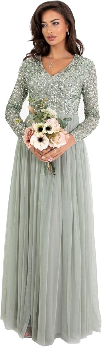 Maxi Jurk Dames - Avondjurk Gala - Feestelijke Gelegenheden - Gedetailleerde Pailletten - Maat 42 - Groen