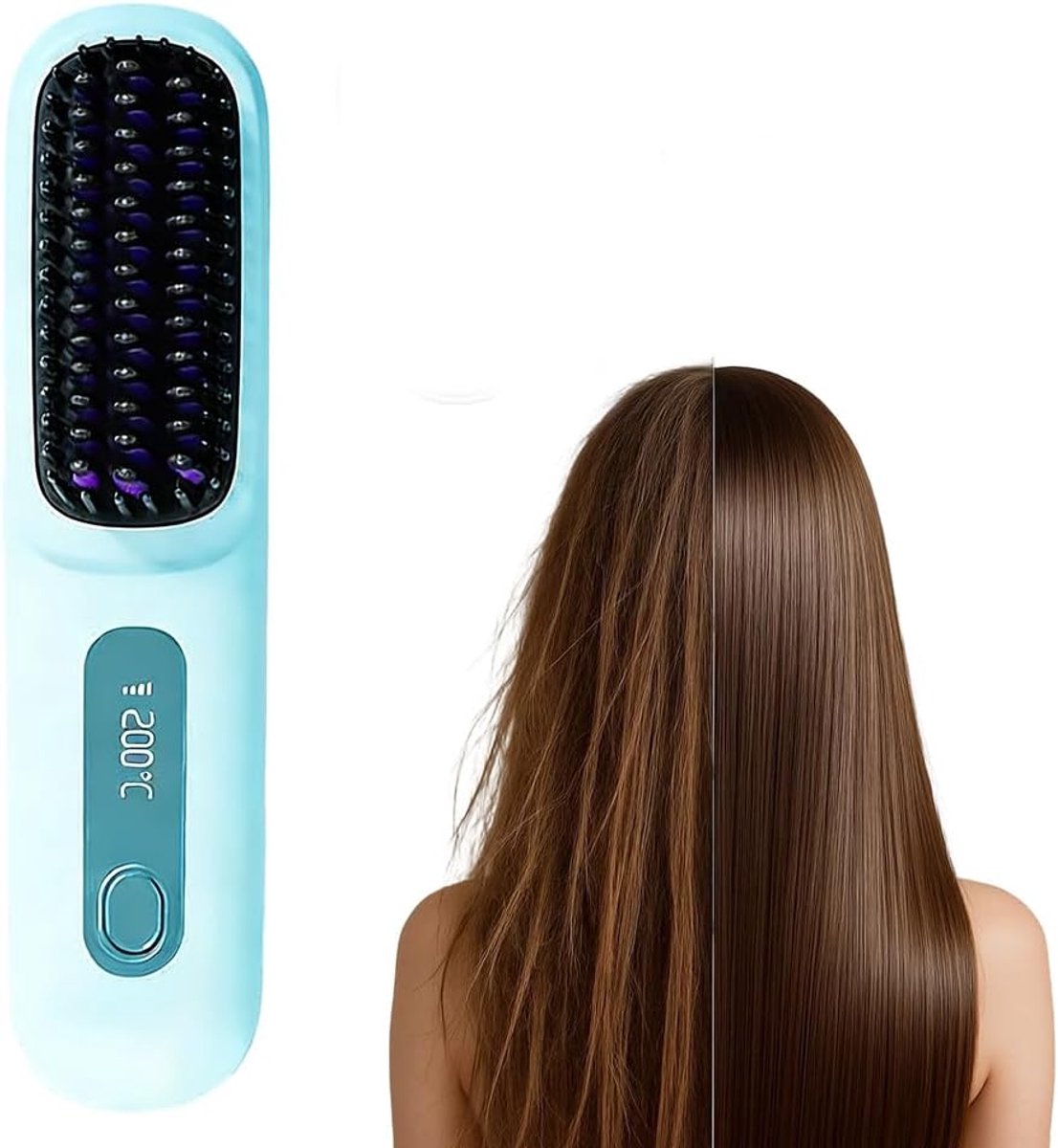 Draadloze stijltangborstel – Met LCD-temperatuurweergave – Draagbare stijltang – Verwarmde draadloze borstel – Ideaal voor dagelijks gebruik & op reis – blauw