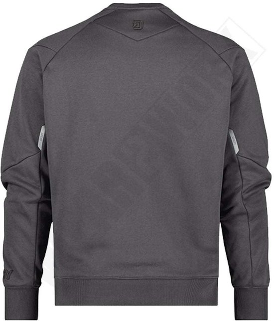 Grijze DASSY sweater, achterkant, met reflecterende details op de mouwen.