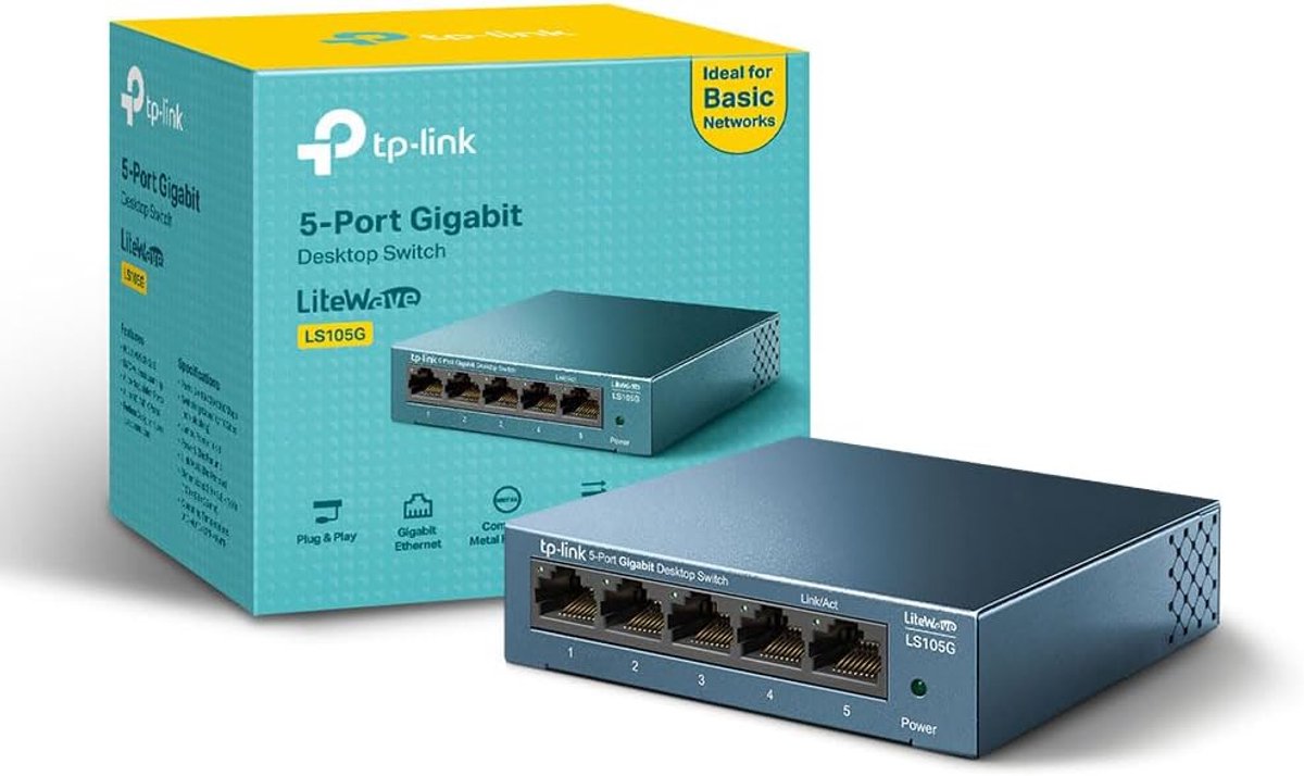 Netwerk Switch - Gigabit Ethernet Hub - Snel Internet - Robuuste Metalen Behuizing - Compact Formaat - Zwart