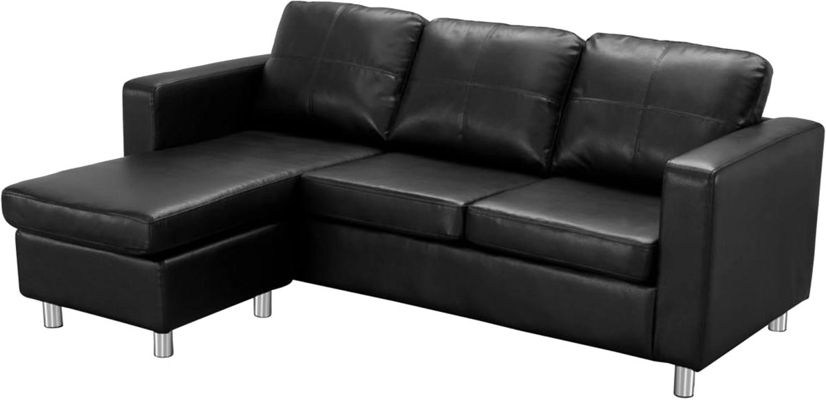 Hoekbank Kunstleer 196 x 133 cm – Omkeerbare Hoek Links/Rechts – 4-Zits L-Vorm Sofa met Metalen Poten – Moderne Zwarte Bank voor Woonkamer – Luxe Comfort Bankstel – Raveno | Abkantoor