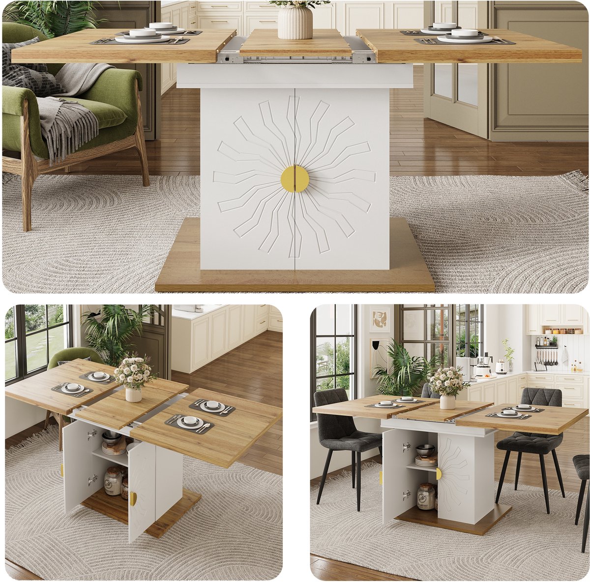 Eettafel - 110-140 x 70 x 76 cm - Uitschuifbare Tafel met Reliëfpatroon en Opbergruimte - Houtfineer - Houtkleur