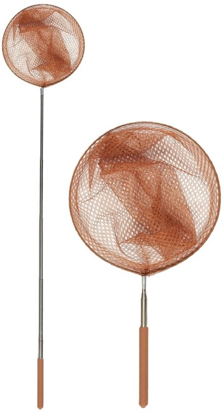 Twee bruine, telescopische schepnetten; één met lange steel en één met korte steel.