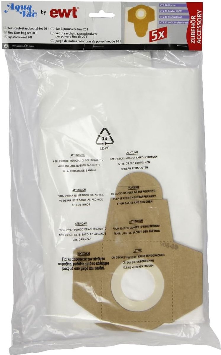 5x Fijnstofzakken voor 20 Liter Nat/Droog Stofzuigers - Geschikt voor Diverse Modellen