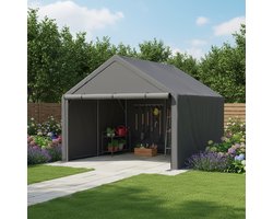 OKWISH Fietsenstalling – Weerbestendig – 305 x 296 x 233 cm – Metaal En Doek – Grijs – Voor Fietsen En Tuingereedschap