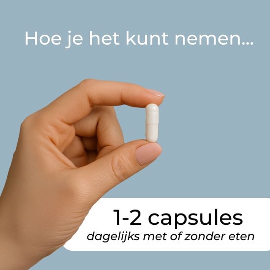 Vrouw houdt een witte capsule vast, met tekst '1-2 capsules dagelijks met of zonder eten'.