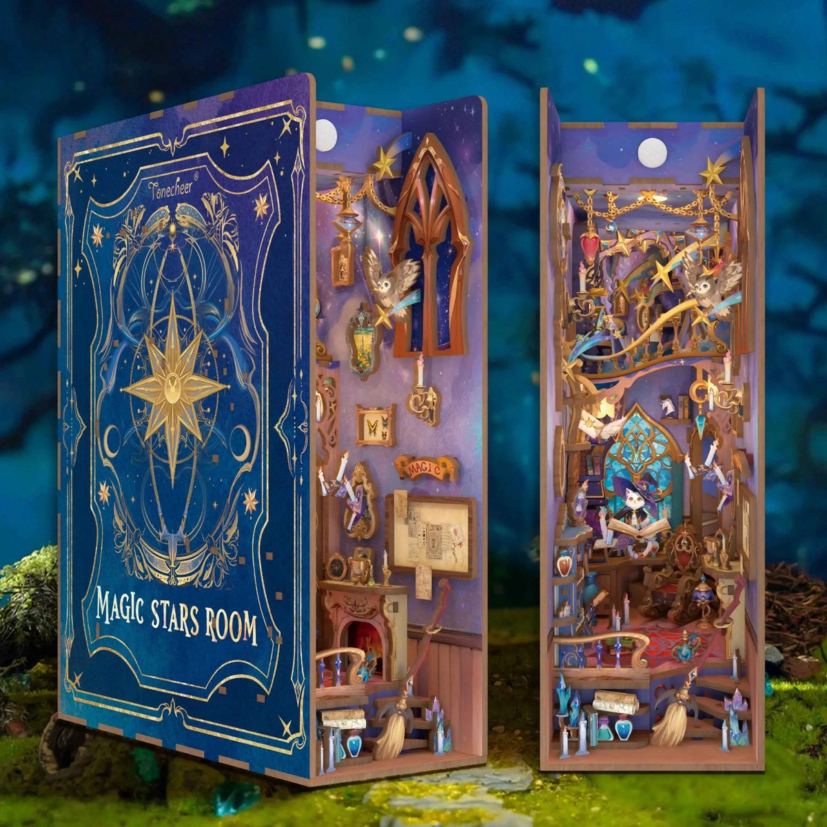 Tonecheer TQ142 Magic Stars Room Book Nook Bouwpakket | Miniatuur huisjes pakket modelbouw voor volwassenen | Houten 3D Puzzel | Woonkamer decoratie boekensteun | Bewegingssensor led lights verlichting | DIY boekenhouder collectie — afbeelding 3